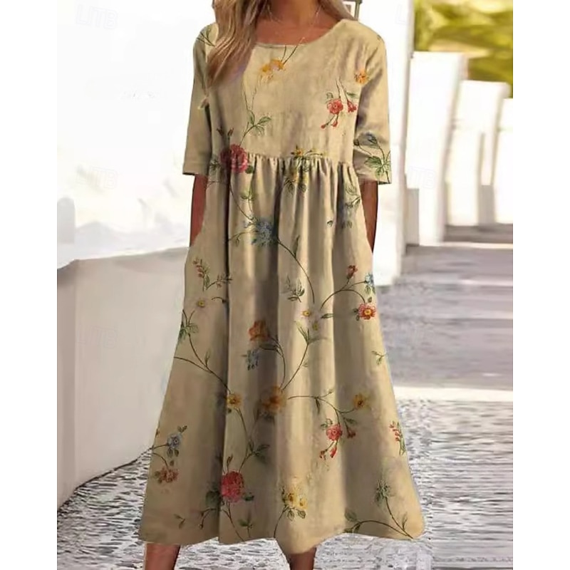 Women's Midi Dress Casual Dress Floral Dress Classic Modern Outdoor Daily Holiday Regular Fit Flower Short Sleeve Crew Neck Yellow Blue Fuchsia Apricot Fall2