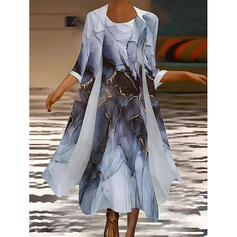 Women's Dress Set Summer Dress Vacation Casual Ombre Floral Print Maxi Dress 3/4 Length Sleeve Crew Neck Wedding Guest Birthday Black Sky Blue Dark Blue Summer Spring Regular Fit2