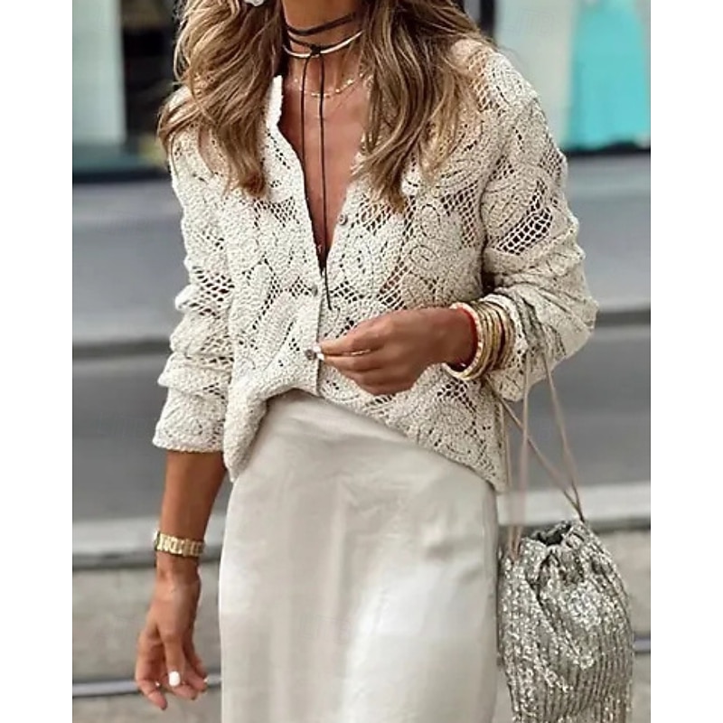 Women's Shirt Blouse Plain Casual Long Sleeve Crew Neck Regular Tops Daily Going out Lace White Summer