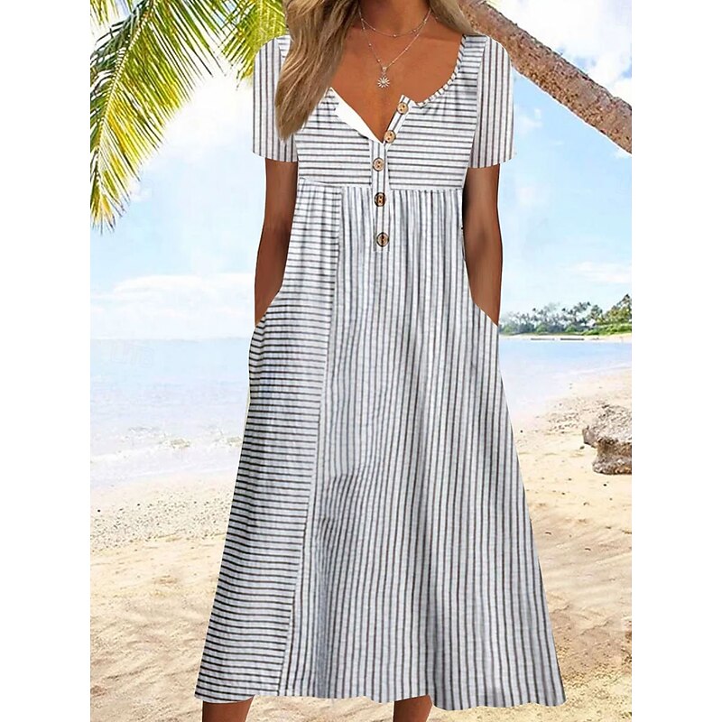 Women's Midi Dress Casual Dress Sundress A Line Dress Summer Dress Vacation Casual Beach Holiday Loose Fit Graphic Stripe Short Sleeve Crew Neck Blue Gray Summer