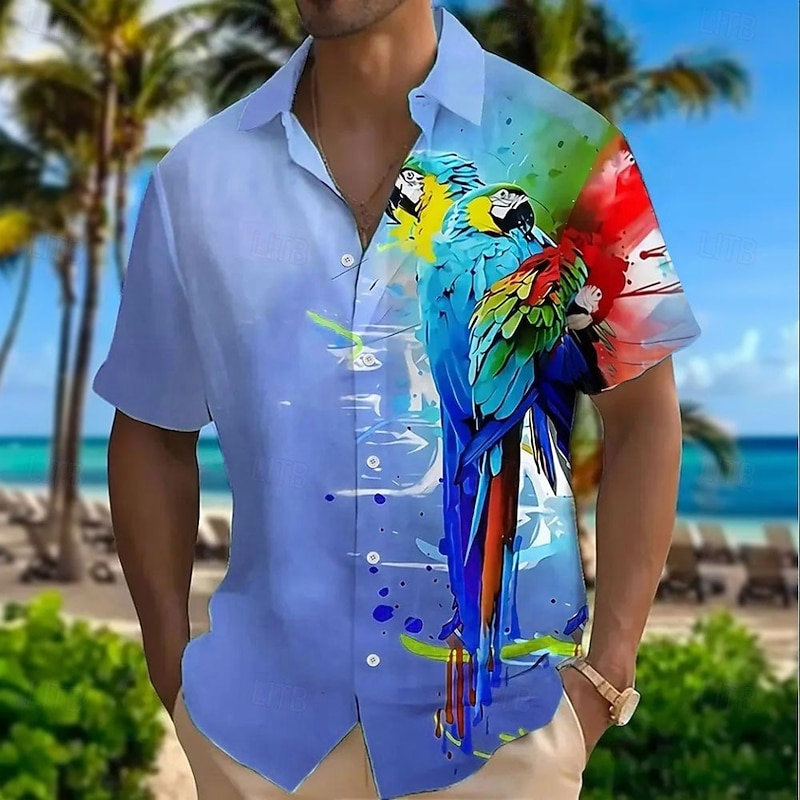 Men's Bird Parrot Shirt Summer Hawaiian Shirt Button Up Shirt Short Sleeve Hawaiian Vacation Holiday Beach Wear Summer Spring Turndown 3D Print Collared Shirts Yellow Blue Purple Green3