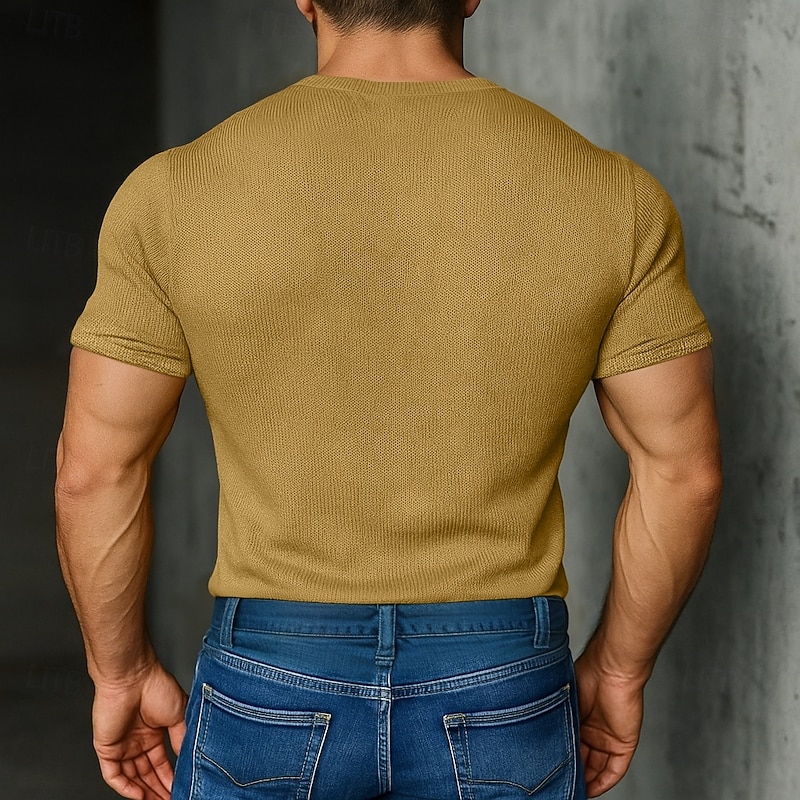 Men's Knit Tee Tee Top Cotton Blend T-Shirt Short Sleeve V Neck Summer Solid Color Fashion Designer Basic Knitted Vacation Street Casual Yellow Beige Light Blue Top Tee for Men2