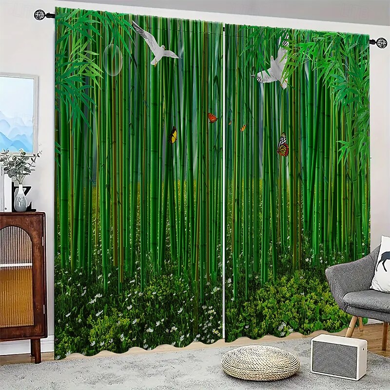 2-piece set of green bamboo patterned curtains suitable for study kitchen living room dormitory pole bags bedroom accessories room decoration and home decoration ceiling curtains3
