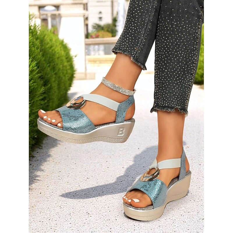Women's Metallic Snake Print Wedge Sandals – Glamorous Open-Toe Summer Shoes with Elastic Straps for Stylish Women, Perfect for Causal Parties and Vacations2