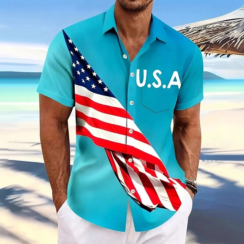Independence Day Men's USA American Flag Patriotic Shirt Summer Shirt Button Up Shirt Short Sleeve Fashion Casual Holiday Summer Spring Turndown 3D Print Collared Shirts Front One Pocket Blue