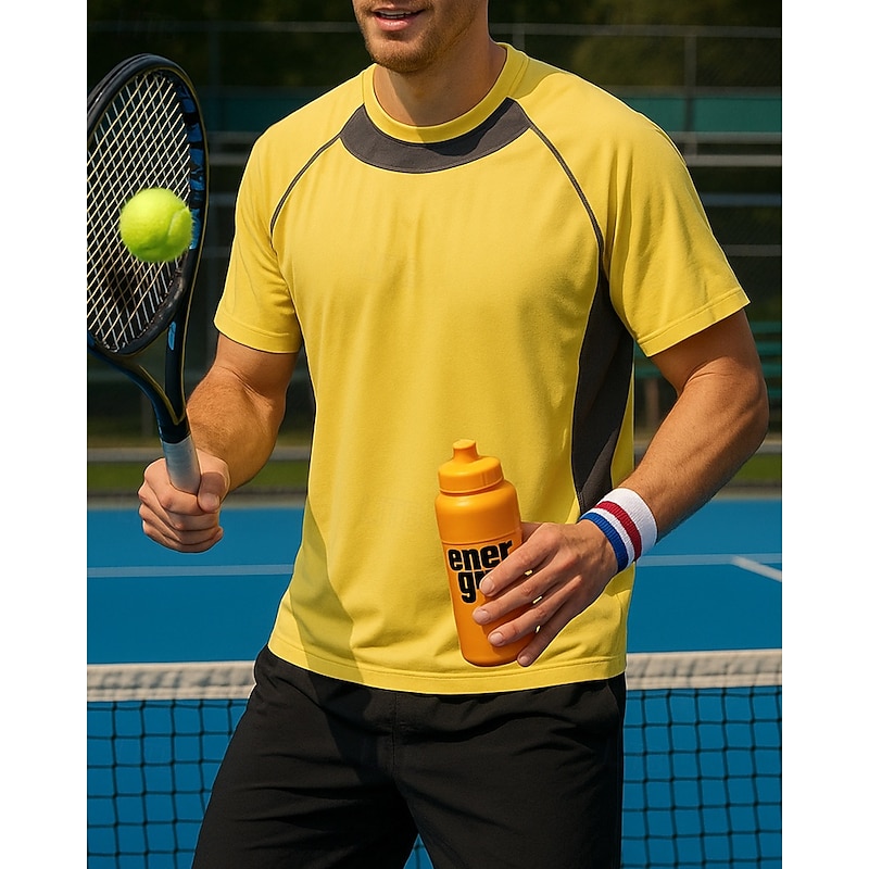 Men's Patchwork Sport Shirt Tennis Shirt Tennis Tee Short Sleeves Sweat-Wicking Moisture Wicking Breathable Tennis Golf Pickleball Crew Neck Yellow Light Grey Purple Tennis Clothing2