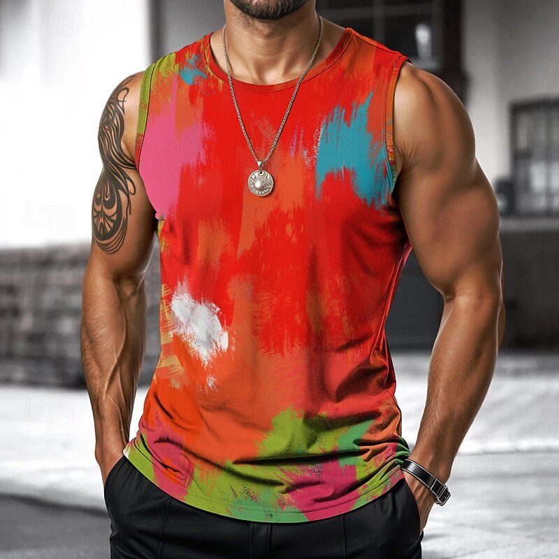 Men's Vest Top Undershirt Sleeveless Shirt Sleeveless Crewneck Spring & Summer Shading Fashion Designer Vacation Street Going out Red Orange Green Top Tee for Men2