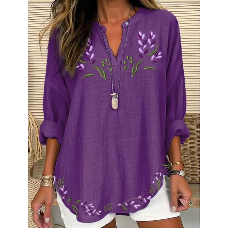 Women's Blouse Tunic V Neck Long Sleeve Boho Casual Tops Floral Graphic Elegant Stylish Romantic Regular Tops Daily Print White Purple Violet