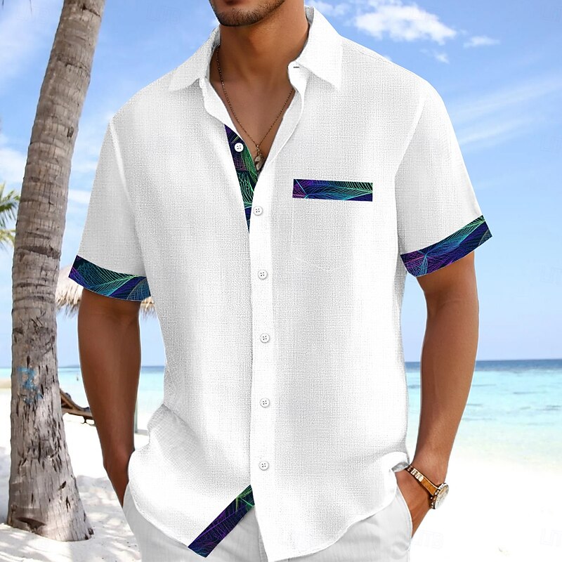 Men's Shirt Linen Shirt Summer Shirt Beach Wear Button Up Shirt Solid Color Vacation Curise Black White Green Light Blue Short Sleeve Collar Summer Spring & Summer Clothing Apparel Color Block2