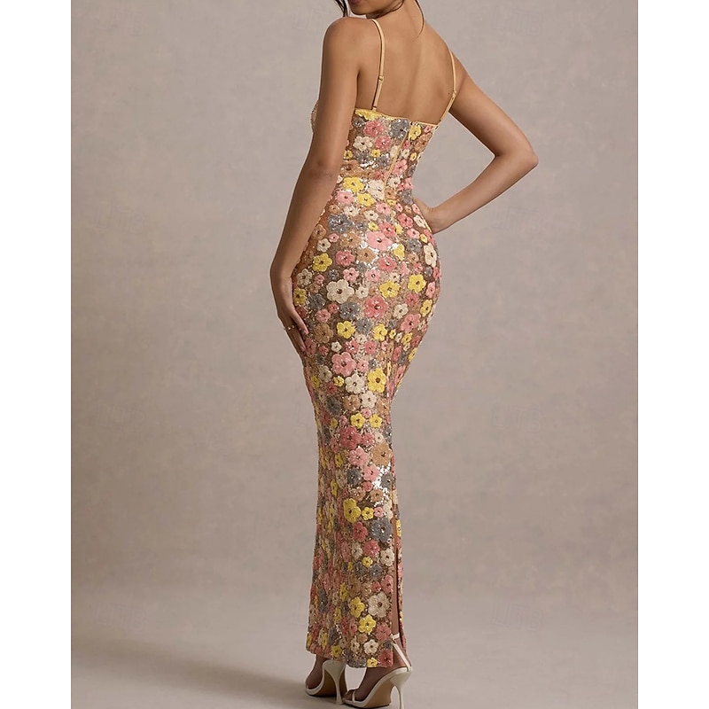 Floral Sequin Mermaid / Trumpet Prom Dresses Elegant Dress Semi Formal Wedding Guest Floor Length Sleeveless StraplessDress3