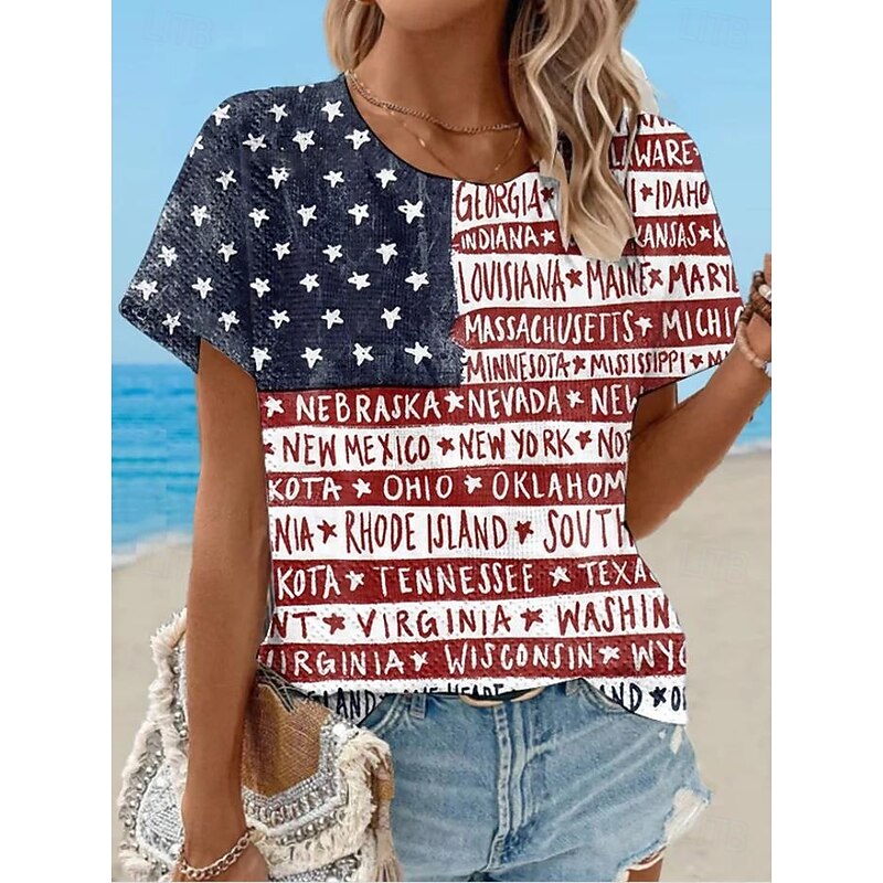 Women's Patriotic  T Shirt Graphic Flag Vintage Stylish Classic Short Sleeve Crew Neck Round Neck Regular Tops Daily Weekend Print White Red Dusty Blue Light Blue