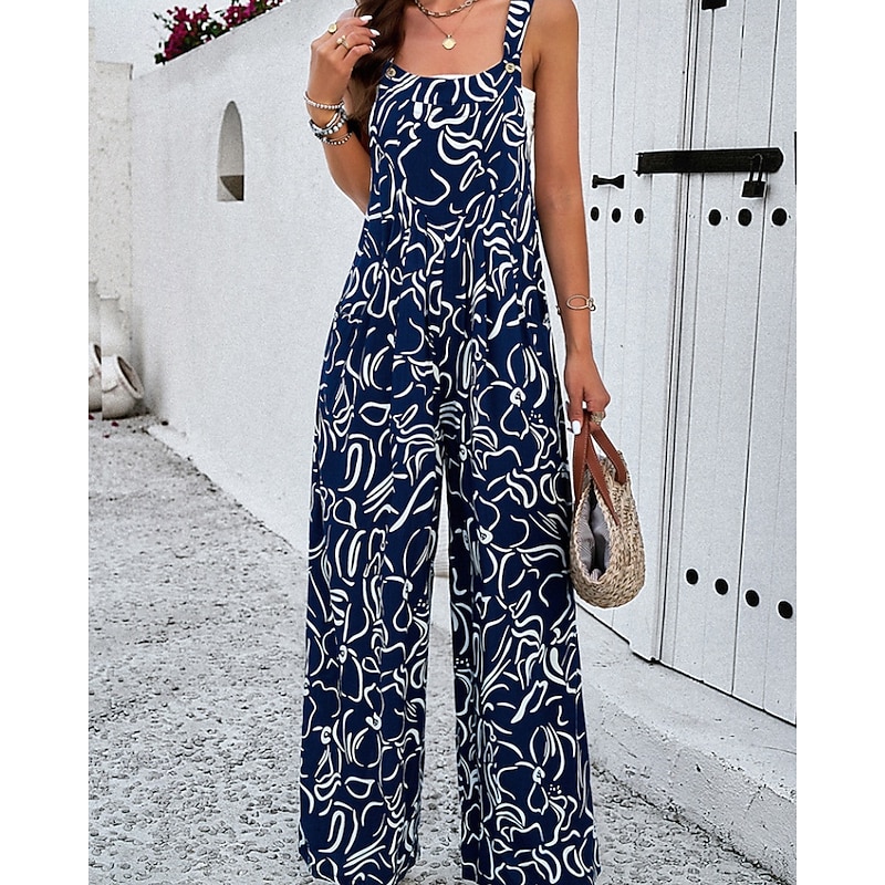 Women's Normal Jumpsuit Streetwear Floral Sleeveless U Neck Pocket Print Daily Going out Regular Fit Black Navy Blue Summer3