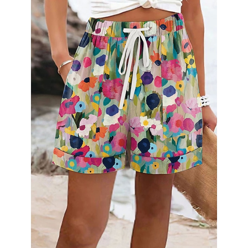 Women's Chinos Shorts Vacation Vintage Ethnic Style Short Mid Waist Floral Graphic Drawstring Elastic Waist Formal Vacation Street Pink Khaki Beige Summer Spring Regular Fit