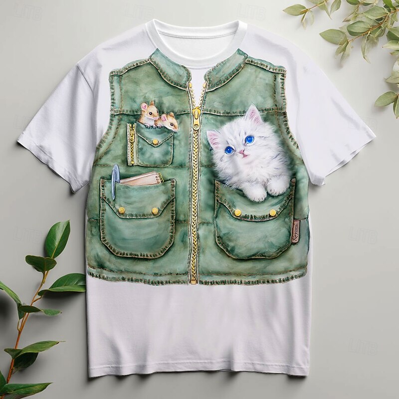 Kayomi Harai Men's 3D Cat T Shirt Short Sleeve T shirt 3D Print Crew Neck Shirt Fashion Exaggerated Daily Party Street Casual White Summer Spring All Seasons Clothing Apparel S M L XL XXL