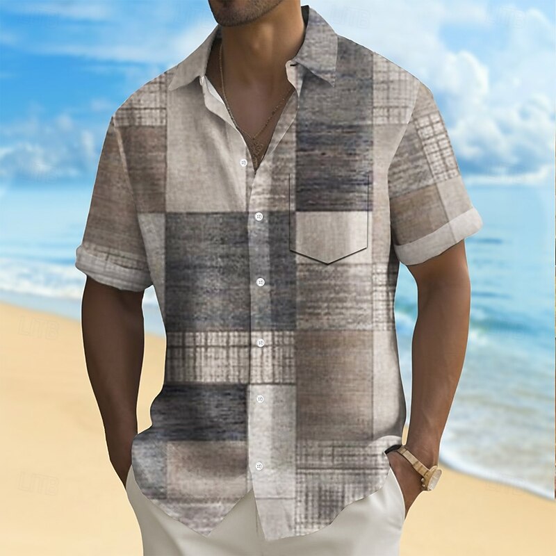 Men's Geometric Color Block Grid / Plaid Shirt Summer Shirt Button Up Shirt Short Sleeve Fashion Casual Vacation Holiday Streetwear Summer Turndown 3D Print Front One Pocket Linen Like Shirt Khaki