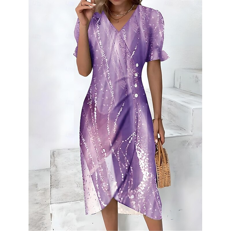 Women's Midi Dress Wrap Dress Elegant Lightweight Puff Sleeve Short Sleeve V Neck Going out Regular Fit Floral Graphic Rusty Red Blue Purple Green4