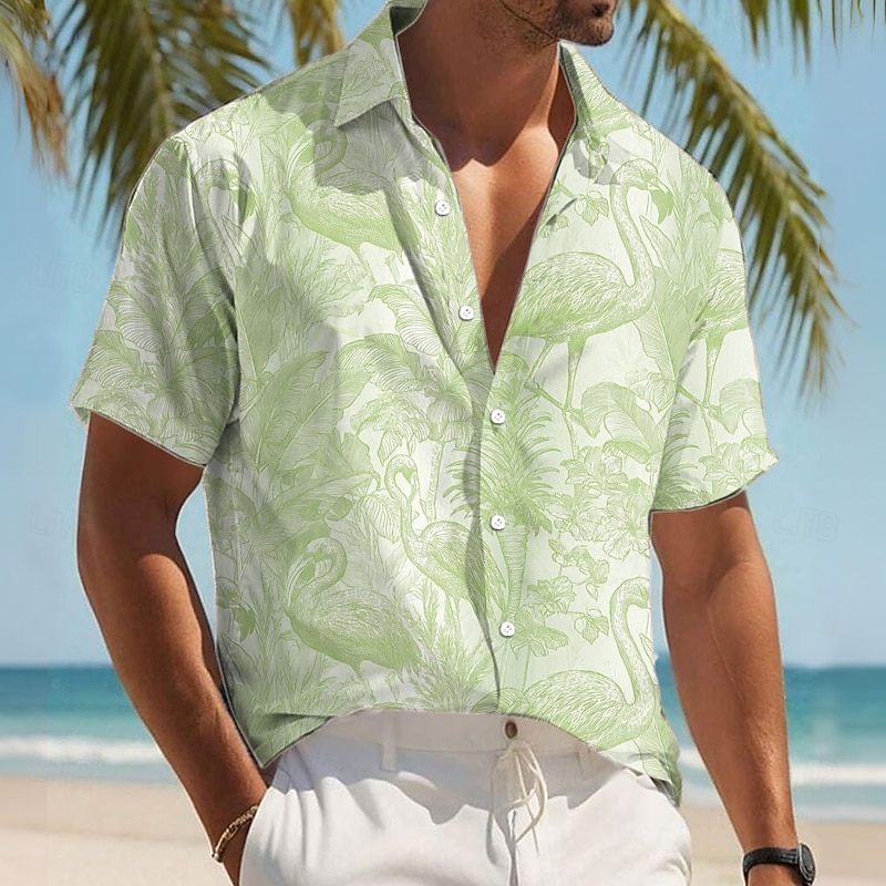 Men's Flamingo Bird Tropical Plants Shirt Summer Hawaiian Shirt Button Up Shirt Short Sleeve Hawaiian Resort Vacation Holiday Beach Wear Summer Spring Turndown 3D Print Collared Shirts Pink Blue4