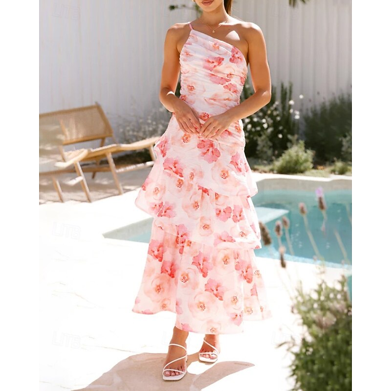 Women's Long Dress Maxi Dress Floral Dress Print Dress Fashion Modern Outdoor Vacation Holiday Regular Fit Flower Sleeveless One Shoulder Pink Blue Light Purple Light Blue Summer2