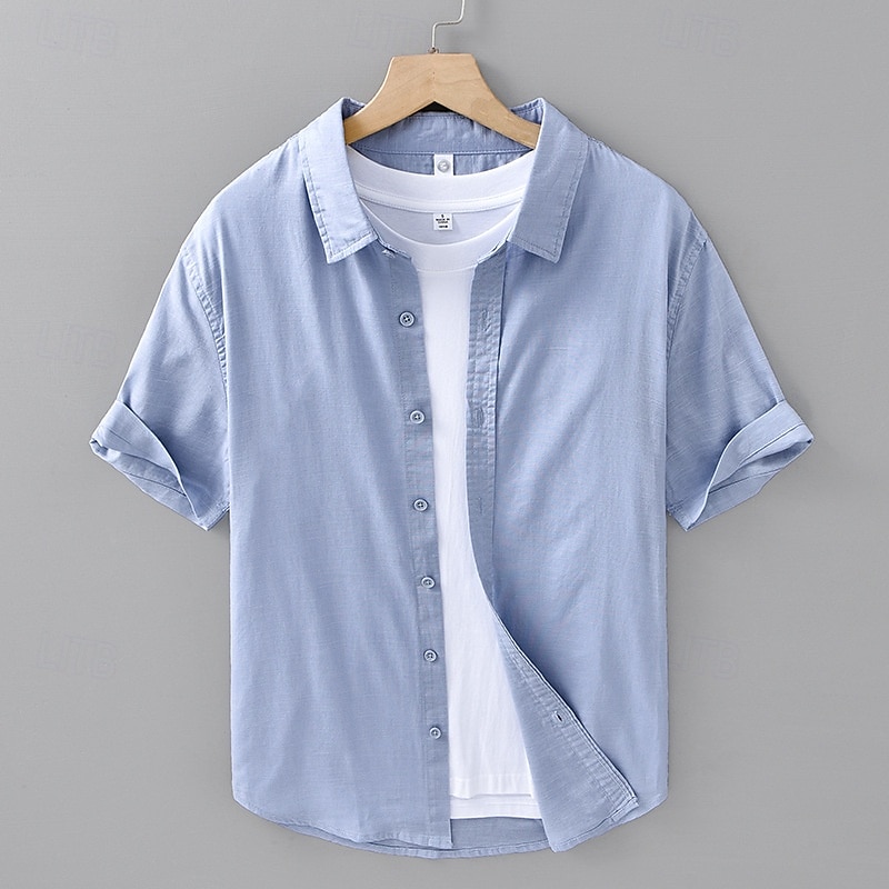 Men's Shirt Linen Shirt Casual Shirt Button Up Shirt Cotton Shirt Plain Vacation Street White Navy Blue Blue Sky Blue Short Sleeve Turndown Summer Clothing Apparel2
