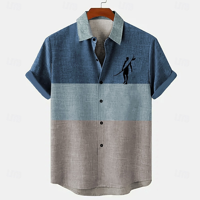 Men's Surfing Linen Shirt Summer Hawaiian Shirt Button Up Shirt Short Sleeve Hawaiian Resort Vacation Holiday Beach Wear Summer Spring Turndown Collared Shirts Blue Green
