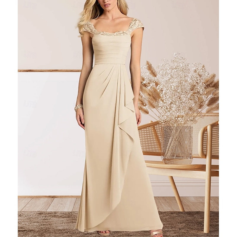 A-Line Mother of the Bride Dress Wedding Guest Elegant Sweetheart Floor Length Chiffon Cap Sleeve with Lace Ruching