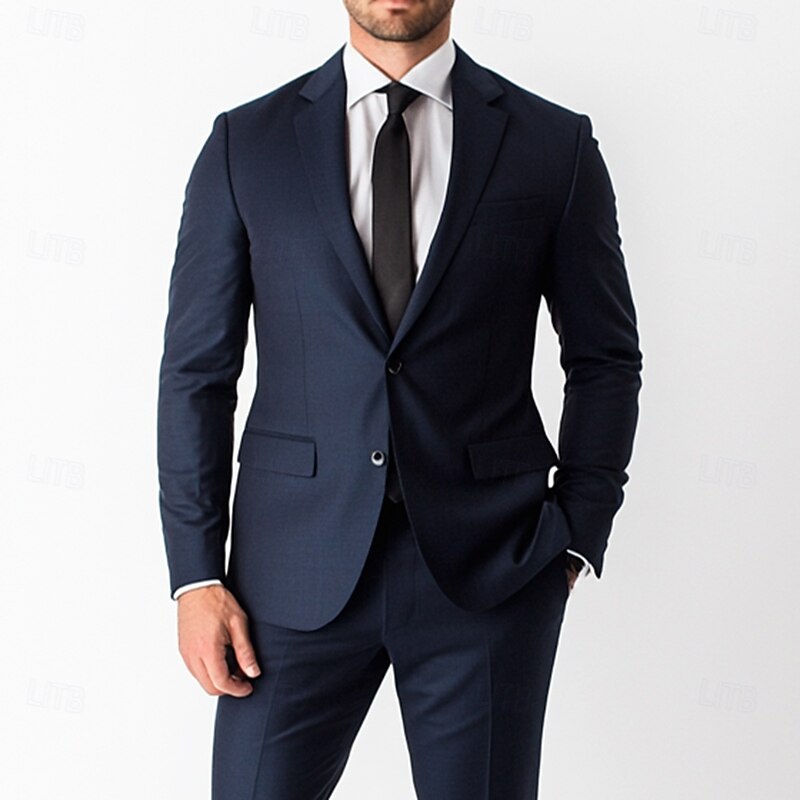 Men's Wedding Business Suits Notch Lapel Navy Blue Formal WorkWear Solid Colored Standard Fit 2 Piece Single Breasted Two-buttons2