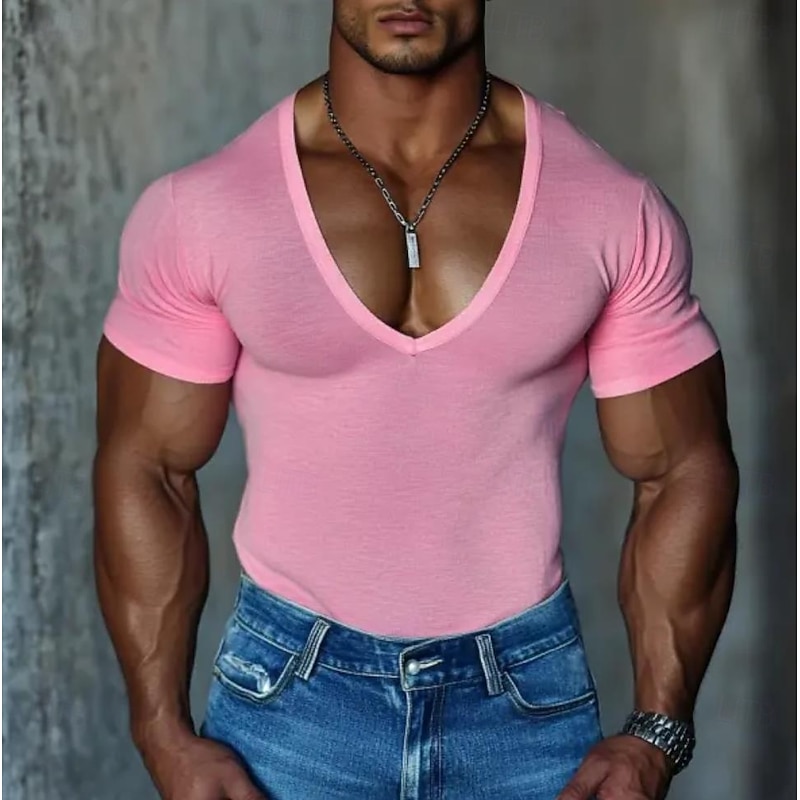 Men's T Shirt Tee Top Short Sleeves V Neck Summer Solid Color Fashion Designer Basic V Neck Vacation Street Going out Black Pink Light Green Top Tee for Men2