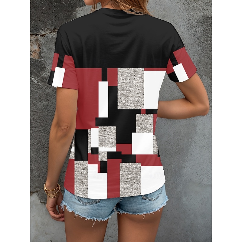 Women's T Shirt Graphic Geometric Color Block Vintage Stylish Classic Short Sleeve Crew Neck Round Neck Regular Tops Daily Print Red Blue Purple Green Summer Spring2