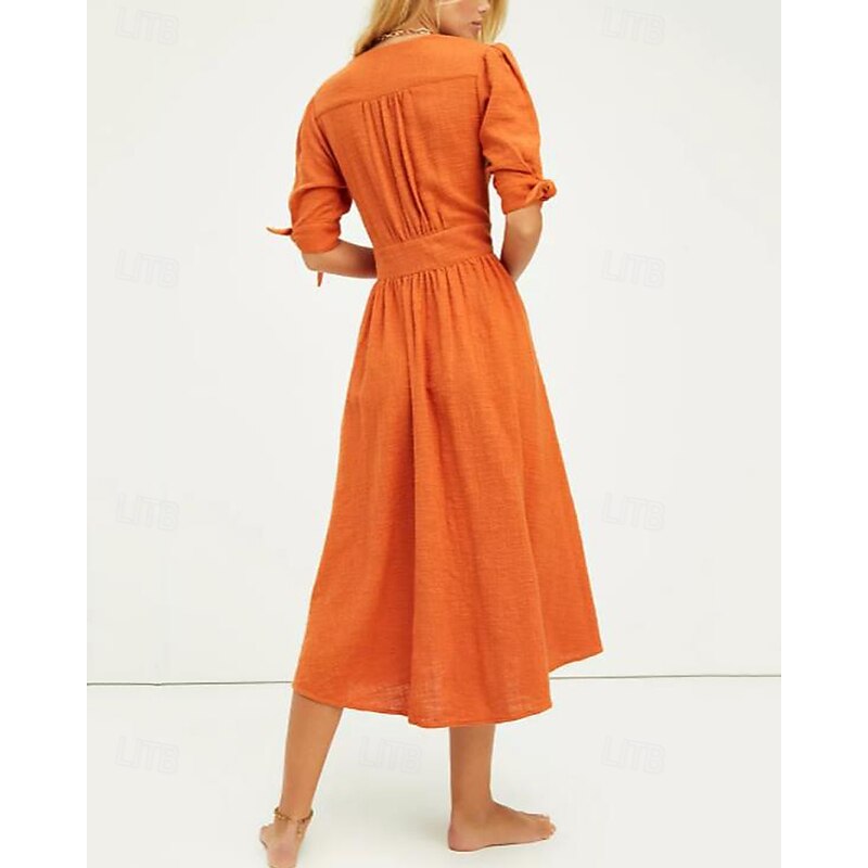 Women's Midi Dress Cotton Linen Dresses Casual Dress Boho Dress Elegant Fashion Outdoor Party Holiday Regular Fit Plain Long Sleeve V Neck Orange Summer2