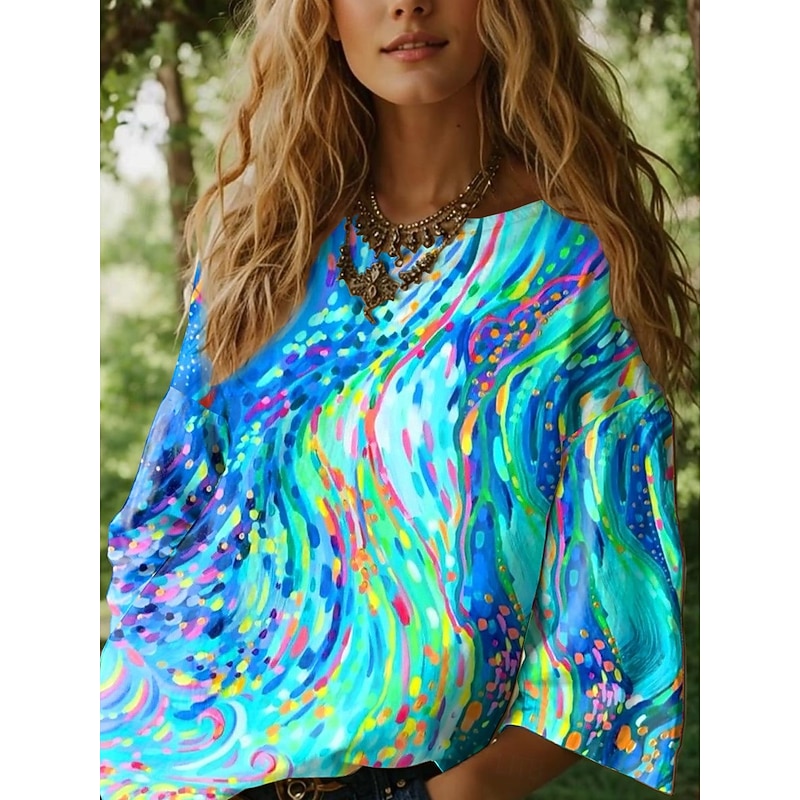 Women's Blouse Long Sleeve Ombre Graphic Geometric Bohemia Daily Ethnic 3/4 Length Sleeve Crew Neck Boat Neck Regular Tops Daily Holiday Vacation Wear Print Blue Purple Orange Summer Spring3