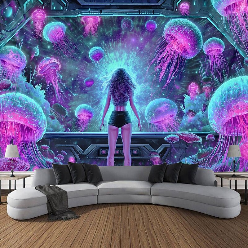 Blacklight Tapestry Glow in the Dark Glow Party UV Reactive Trippy Mountain Misty Mushroom Nature Landscape Hanging Tapestry Wall Art Mural for Living Room Bedroom3