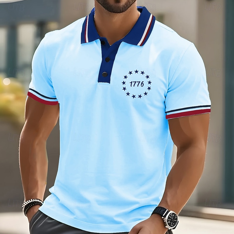Men's American US Flag Polo Short Sleeves Polo Collar Casual Daily Athleisure Casual Daily Festival Buttons Summer White Blue Orange3