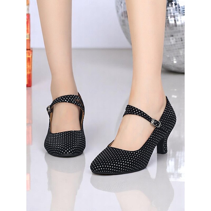 Women's Black Polka Dot Dance Shoes with Low Heel and Ankle Strap - Professional Ballroom Practice Shoes for Latin and Swing Dancers3