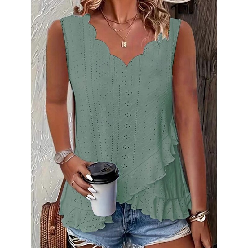 Women's Camisole Tank Top Plain Daily Casual Sleeveless V Neck Regular Tops Daily Ruffle Eyelet White Yellow Pink Green Light Blue Summer4