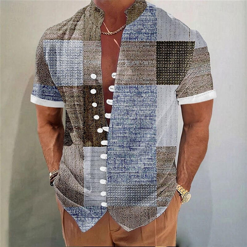 Men's Geometric Color Block Patchwork Shirt Button Up Shirt Stand Collar Shirt Short Sleeve Fashion Casual Vacation Daily Summer Spring Mandarin Collar 3D Print Linen Like Shirt Blue Purple Brown2