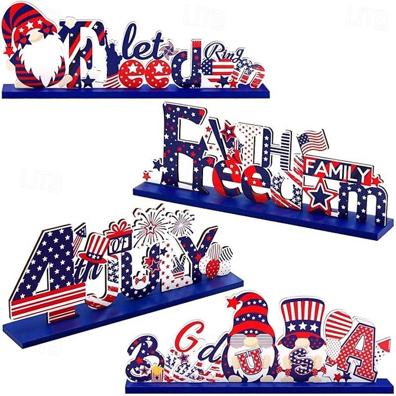 4 Pieces Patriotic Wooden Decorations 4th of July Independence Day Decorations Patriotic Table Decorations Wooden Table Centerpieces  Decorations for American Memorial Day Veteran Day Party Decor