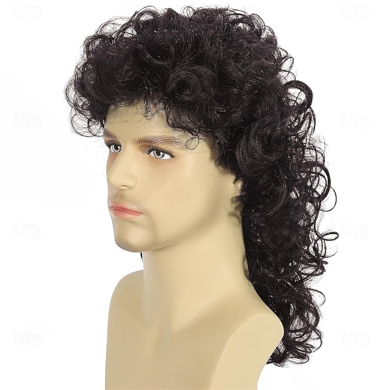 Brown Curly Mullet Wigs for Men 80s Long Curly Hippie Rocking Party Cosplay Costume Anime Hair Wig Halloween Wigs3