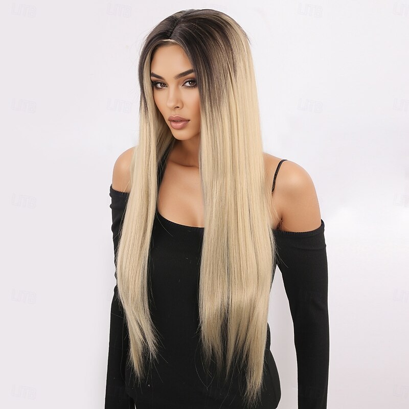 Synthetic Wig kinky Straight Yaki Straight Layered Haircut With Bangs Wig 32 inches A1 Synthetic Hair Women's Classic Comfortable4