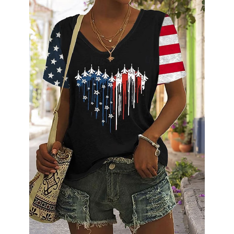 Women's Patriotic  T Shirt Graphic American Flag Vintage Stylish Classic Short Sleeve V Neck Regular Tops Daily Weekend Print Black White Red Blue Summer