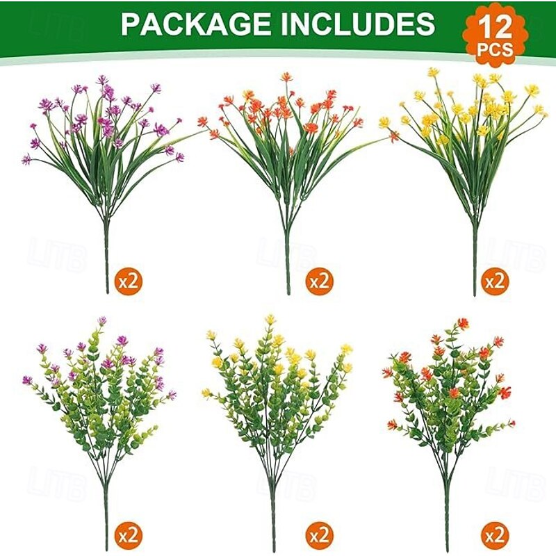 12 Bundles Artificial Flowers for Outdoors, Faux Eucalyptus, Violet and Daisy Greenery, UV Resistant Fake Plants for Garden, Home Decor, Photography Props, Indoor and Outdoor Decoration2