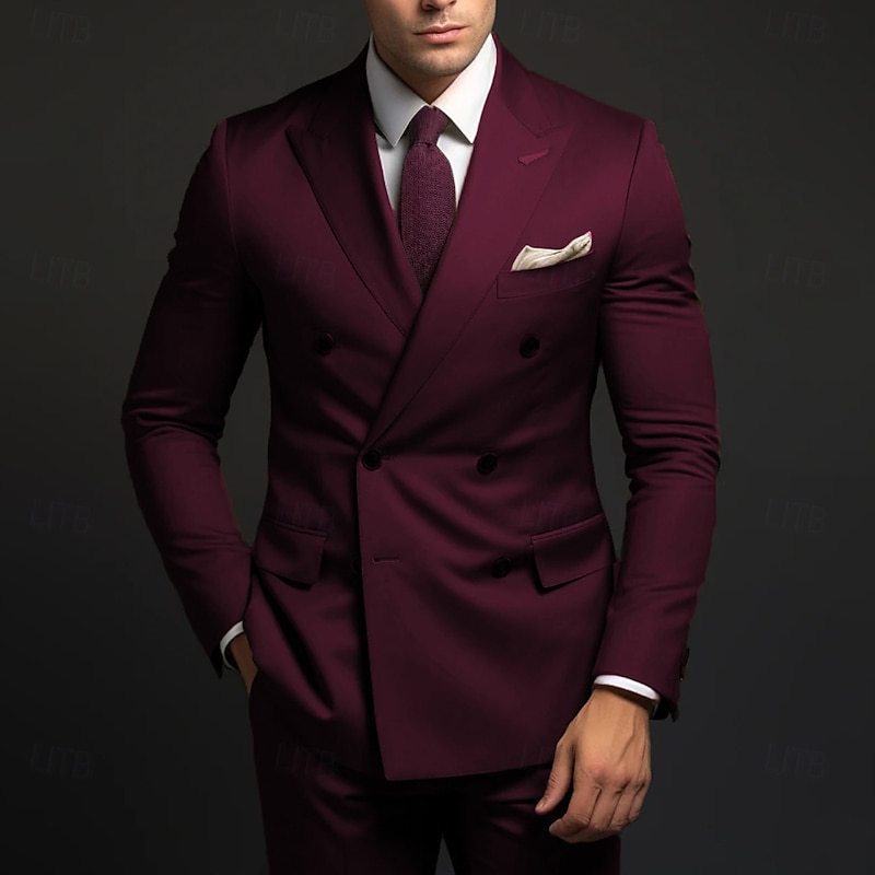 Men's Wedding Party Suits Peaked Lapel Grape Army Green Formal Solid Colored Standard Fit 2 Piece Double Breasted Six-buttons