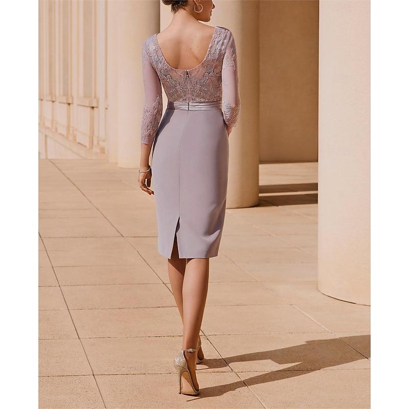 Two Piece Sheath / Column Mother of the Bride Dress Kentucky Elegant Dresses Wedding Guest Jewel Neck Tea Length Stretch Fabric 3/4 Length Sleeve with Lace Appliques Race Day Dress3