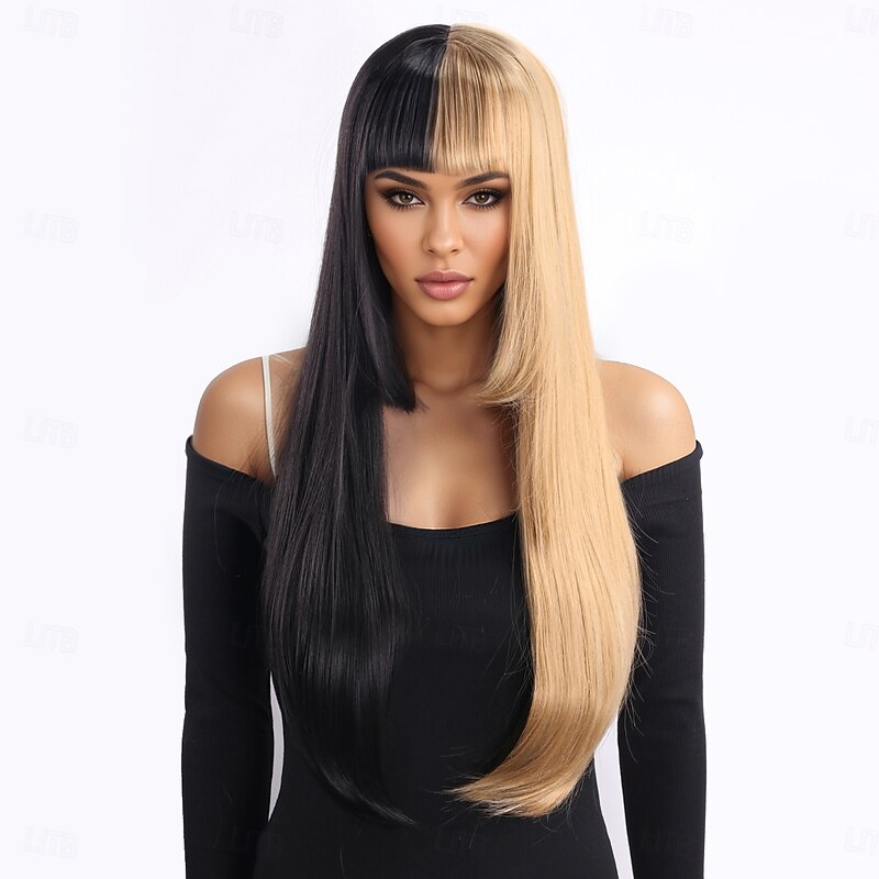 Synthetic Wig kinky Straight Natural Straight Layered Haircut With Bangs Machine Made Wig 28 inch A1 Synthetic Hair Women's Classic Comfortable Color Gradient Multi-color3
