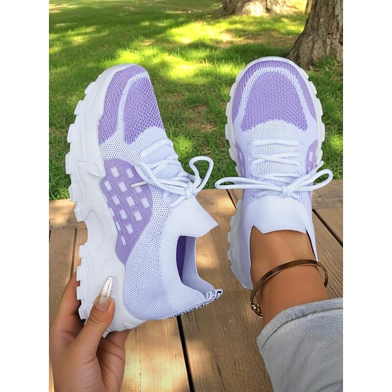 Women's Flyknit Athletic Shoes - Lightweight Breathable Sneakers with Purple Design, Lace-Up Closure, Perfect for Casual Wear and Outdoor Activities2
