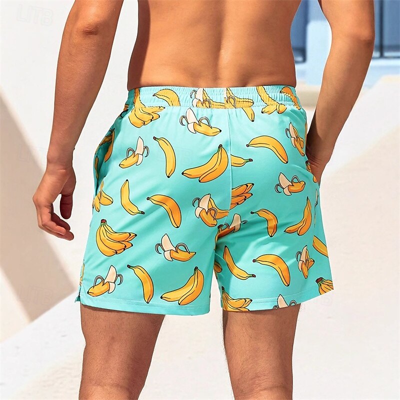Men's Swim Shorts Board Shorts Swim Trunks Print Quick dry Breathable Drawstring Elastic Waist With Compression Liner Vacation Beach Hawaiian Casual Light Green Navy Blue3