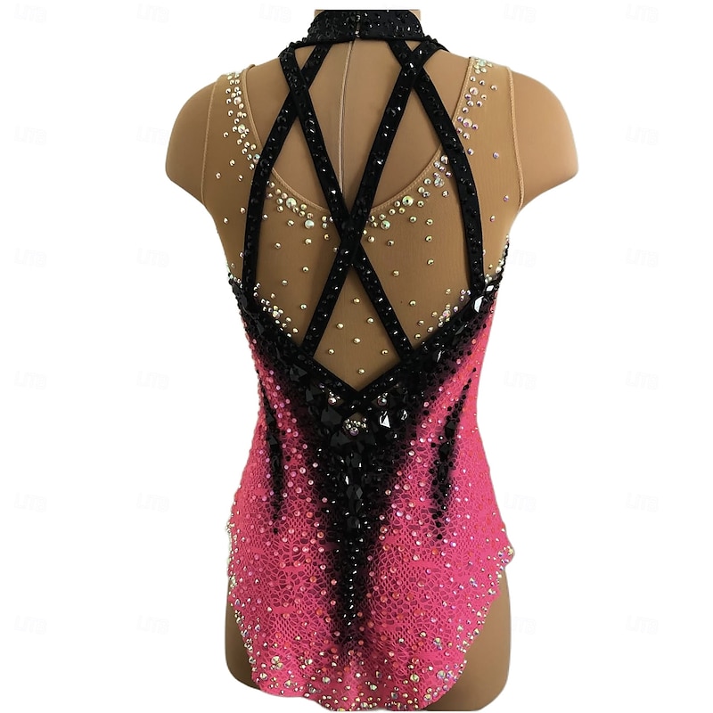 Rhythmic Gymnastics Leotard Women's Girls' Ice Skating Gymnastics Leotard Dark Pink Thumbhole Halo Dyeing High Elasticity Professional Competition Skating Wear Crystal / Rhinestone Sleeveless Ice Skating2