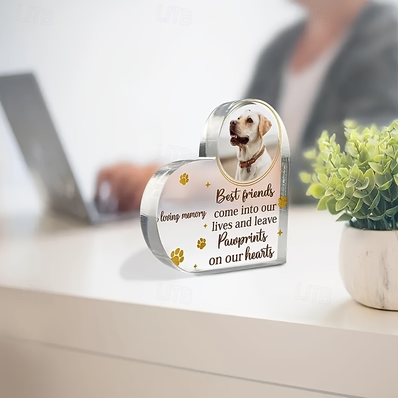 Personalized Acrylic Heart Pet Memorial Plaque, Custom Dog Photo Block and Paw Print Keepsake, Sympathy Gift for Pet Loss, Tabletop Decor for Valentine's Day, Christmas, Thanksgiving, Graduation, Gift for Wife, Dad, Kids3