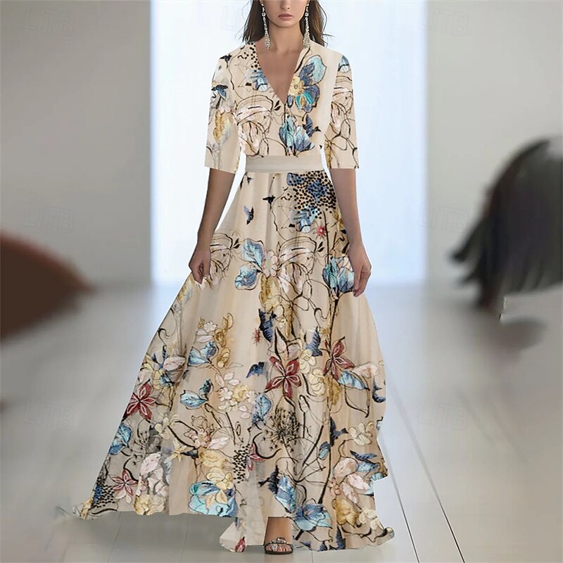 Women's Long Dress Maxi Dress Casual Dress Swing Dress Summer Dress Elegant Fashion Romantic Outdoor Party Holiday Regular Fit Flower Half Sleeve V Neck Blue Khaki Summer
