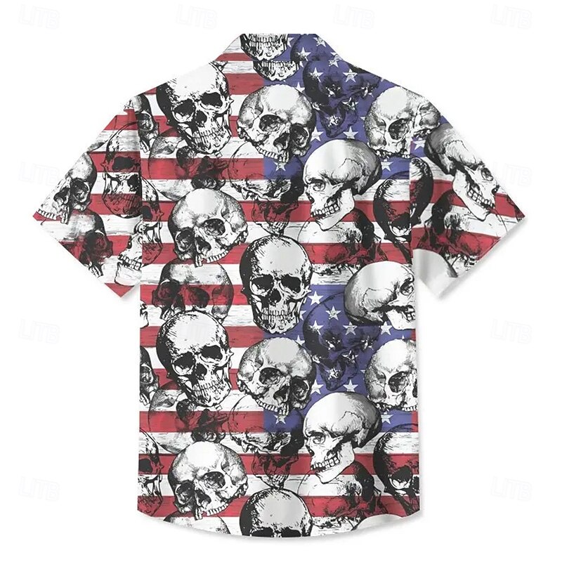 Independence Day Men's American US Flag Patriotic Skulls Shirt Summer Shirt Button Up Shirt Short Sleeve Fashion Casual Holiday Summer Spring Turndown 3D Print Collared Shirts Front One Pocket White4