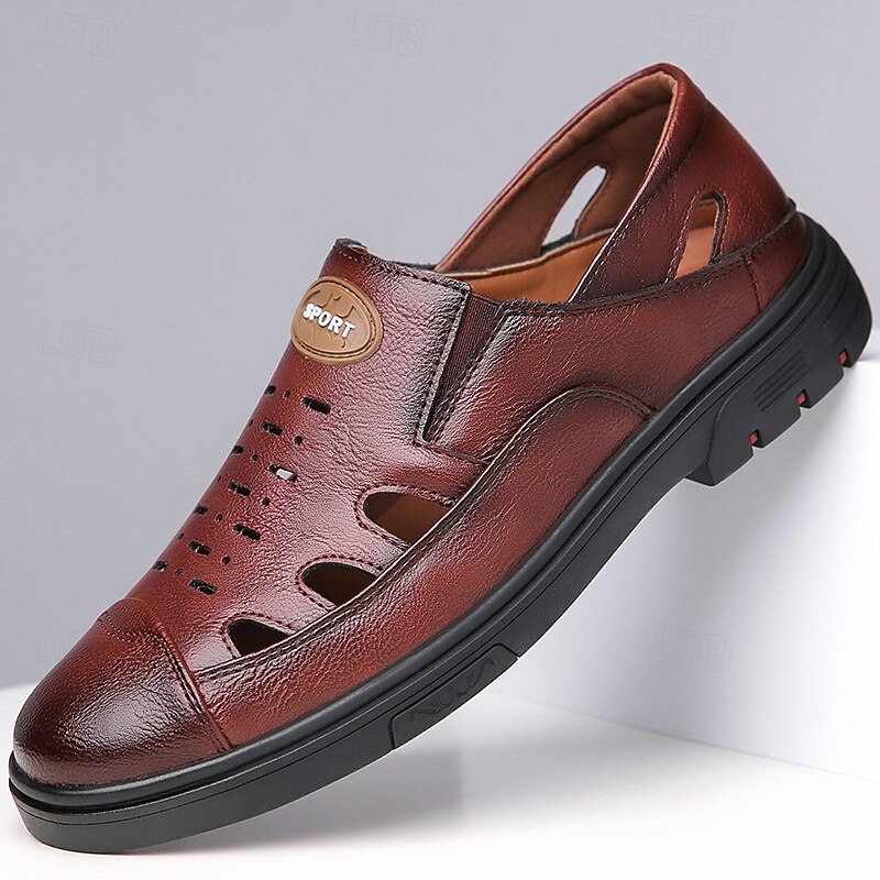 Men's Brown Leather Sandals with Breathable Cutout Design - Comfortable Footwear for Summer, Beach and Outdoor Activities3
